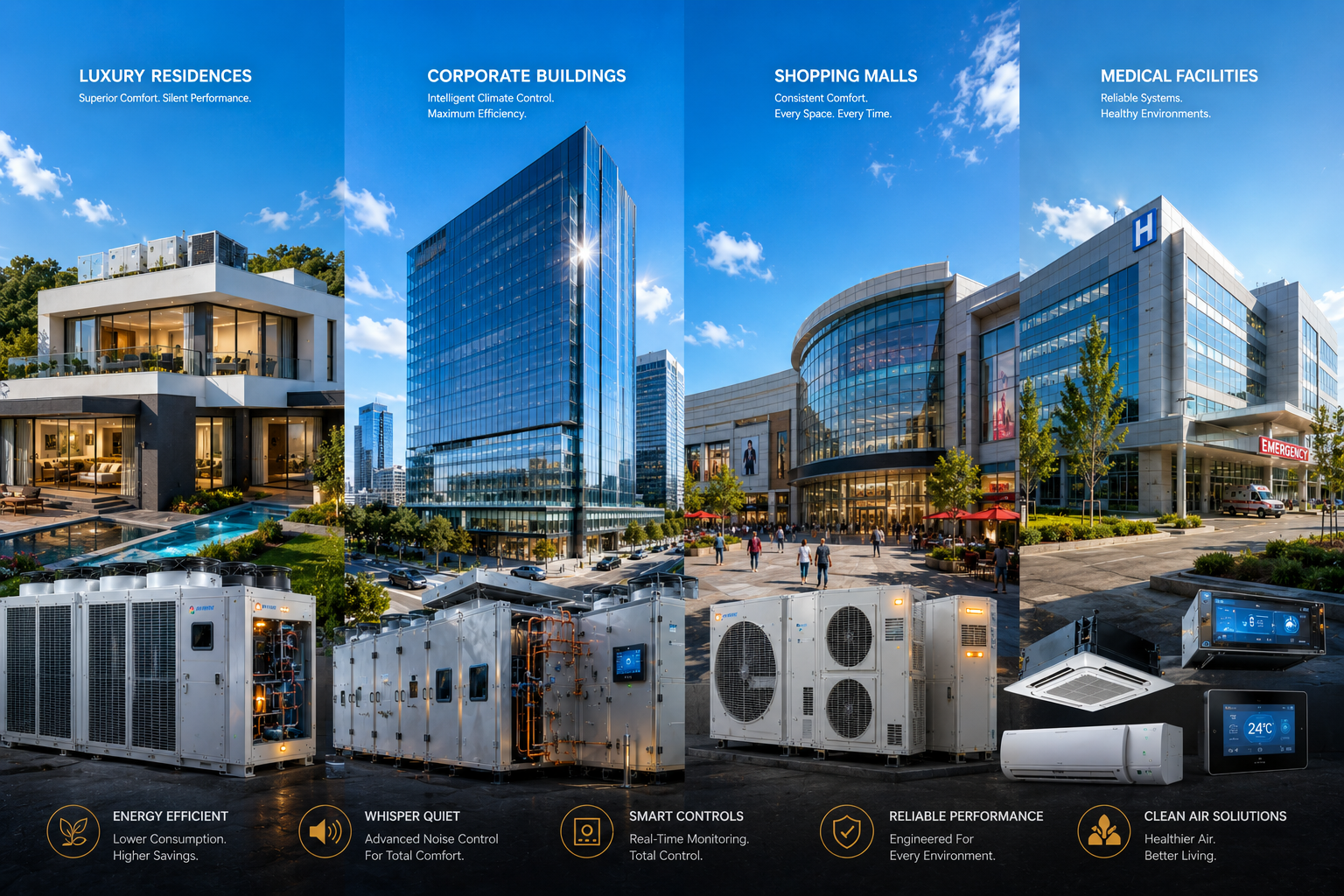 Multi-zone HVAC climate control installations across luxury villas, corporate offices, and hospitals.